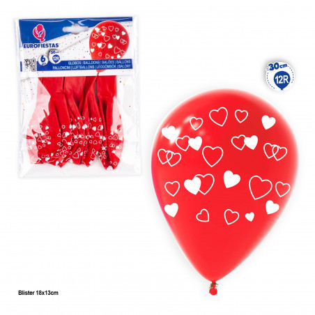 Globos 12r 6pcs rojo impreso corazones huecos y llenos blanco