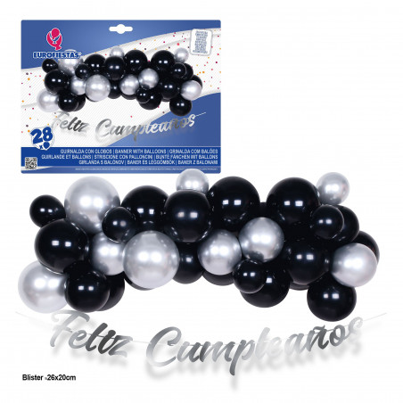 Set nube de globos 28pcs negro y plata con guirnalda feliz cumpleaños plata