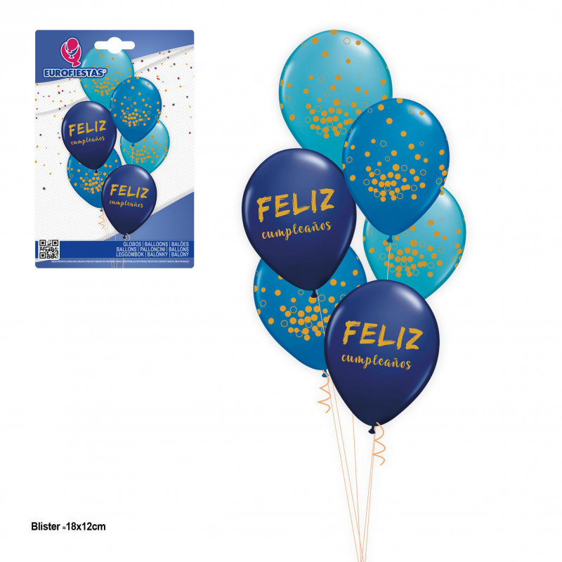 Set globos 6pcs azules varios impresos feliz cumpleaños oro
