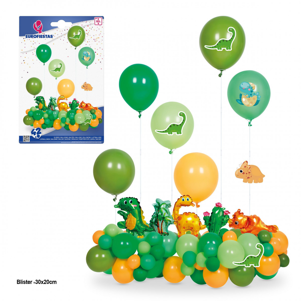 Set 42 globos dinosaurios 6 soportes max 125cm