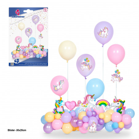 Set 42 globos unicornios 6 soportes max 125cm