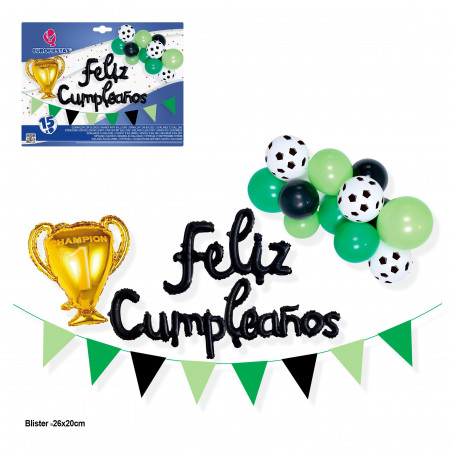 Set 15 globos feliz cumpleaños futbol copa nube y guirnalda banderines