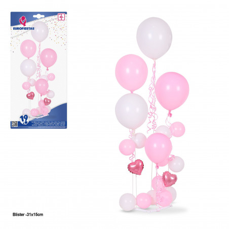 Set 19 globos rosa y blanco 5 soportes max 80cm