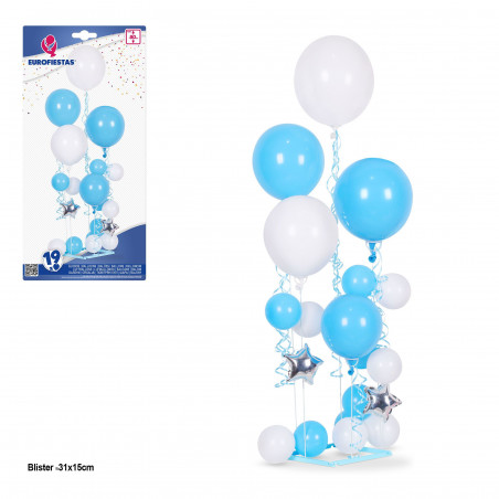 Set 19 globos azul y blanco 5 soportes max 80cm