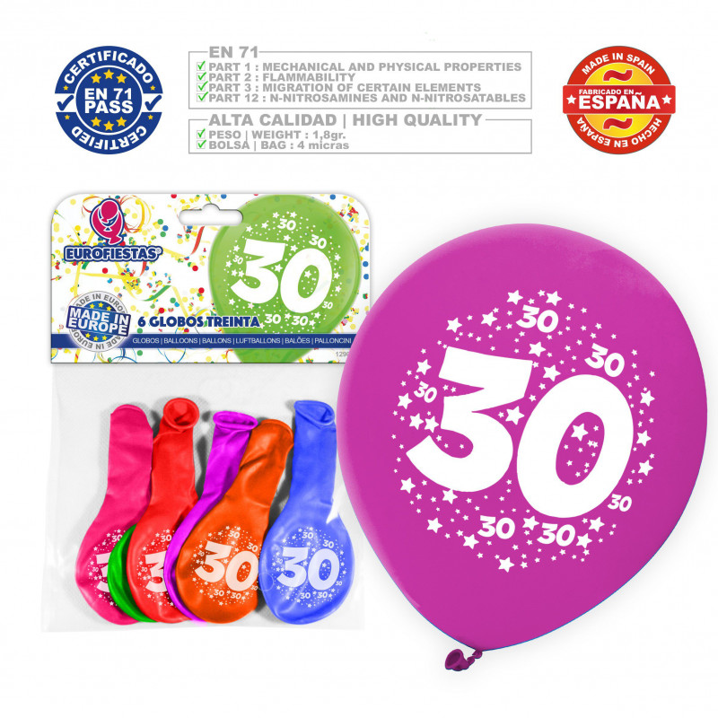 Globo colores surtidos 9r número 30 impreso6 unidades
