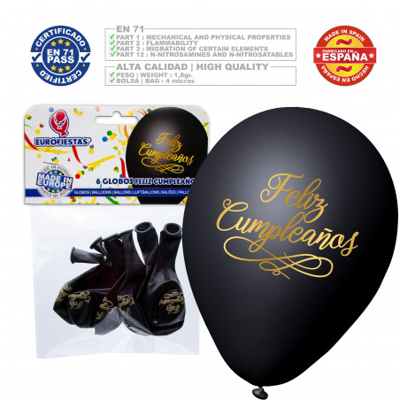 Globos negros feliz cumpleaños oro