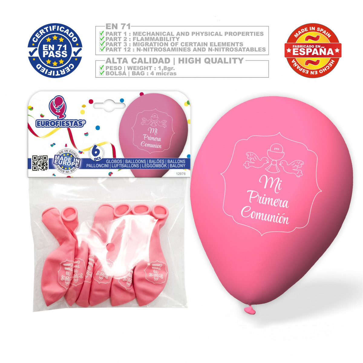 Globos 1ª comunion palomas caliz rosa