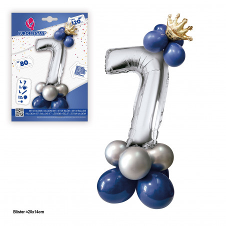 Set globo foil corona 80cm 7 plata azul