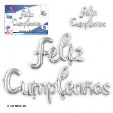 Set globos foil felliz cumpleaños minuscula plata