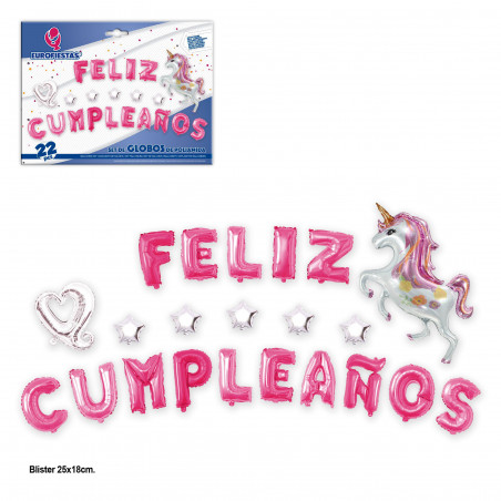 Set globos foil feliz cumpleaños unicornio