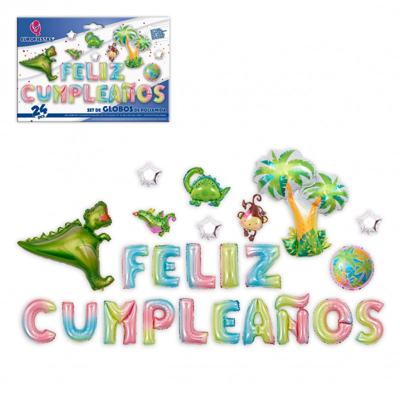 Set globos foil feliz cumpleaños dinosaurios