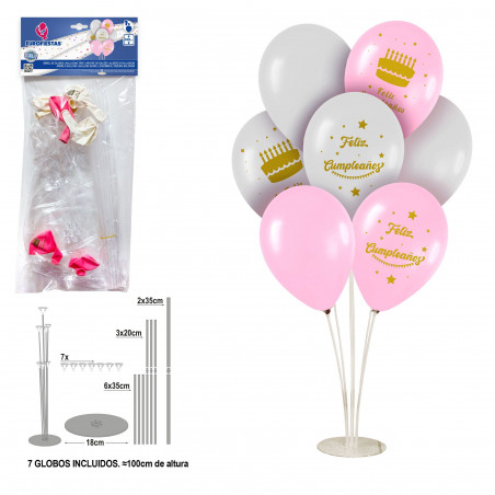 Arbol de globos feliz cumpleaños tartas rosa y blanco