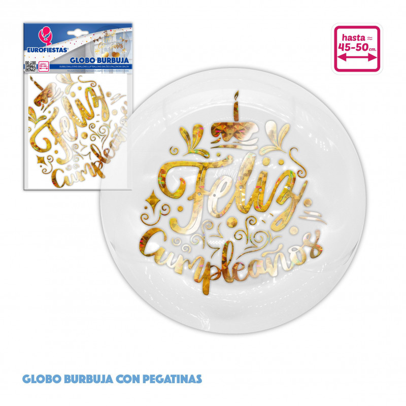 Globo burbuja+pegatinas cumpleaños oro bril