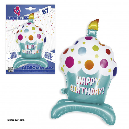 Globo de foil happy birthday cupcake pie lunares azul