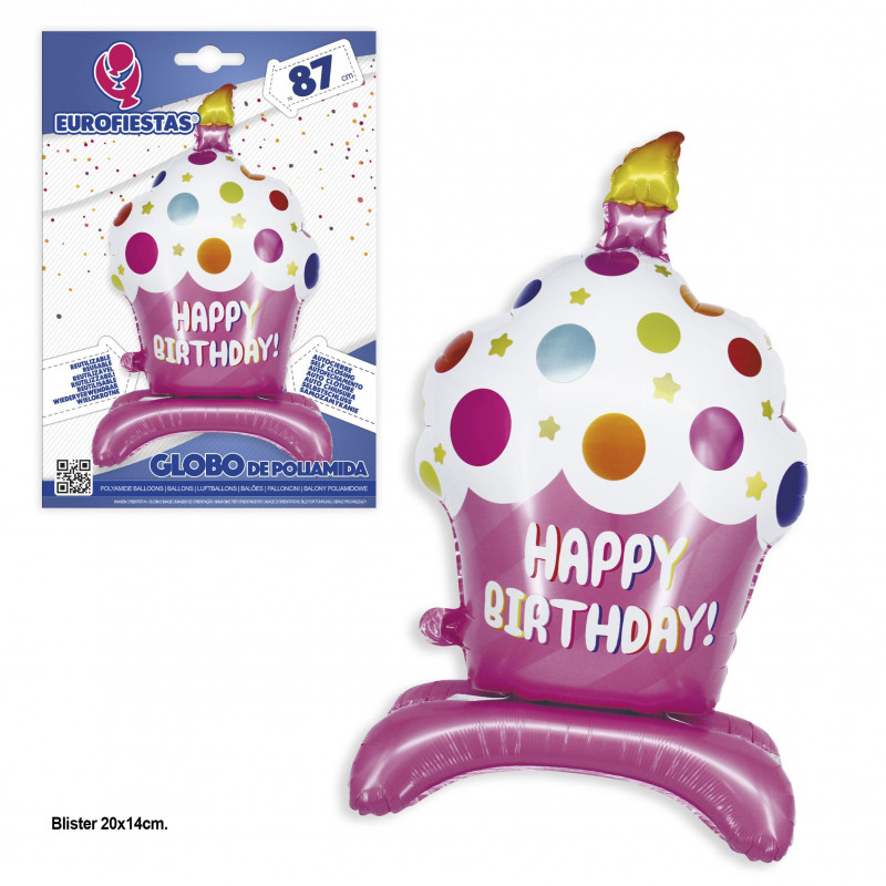 Globo de foil happy birthday cupcake pie lunares rosa