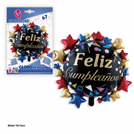 Globo foil feliz cumpleaños negro con estrellas 67x67cm