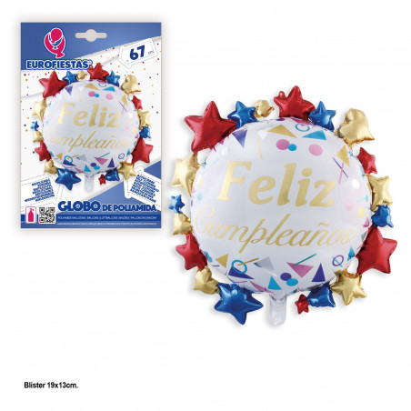 Globo foil feliz cumpleaños blanco con estrellas 67x67cm