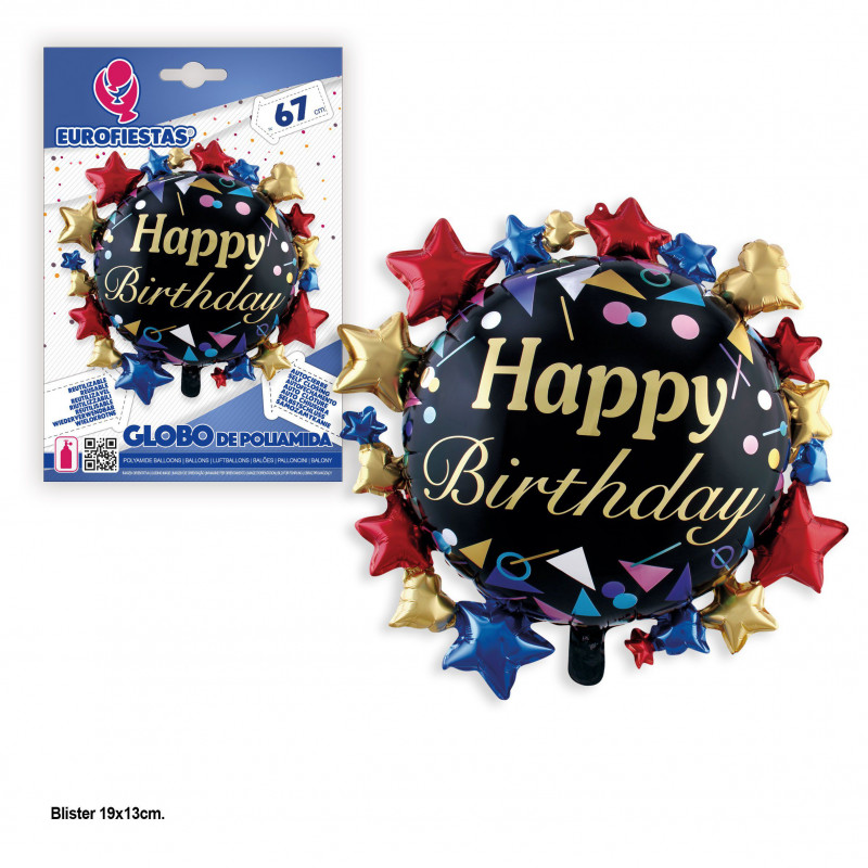 Globo foil happy birthday negro con estrellas 67x67cm