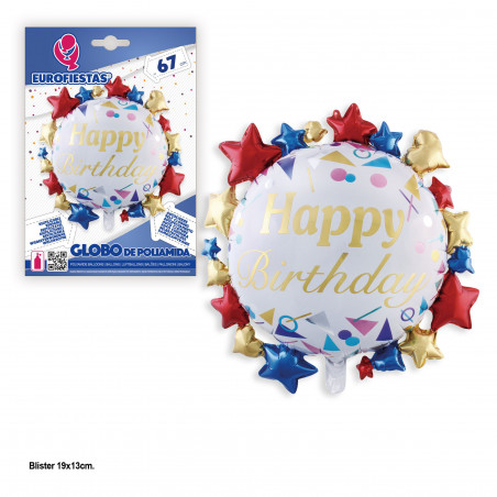 Globo foil happy birthday blanco con estrellas 67x67cm