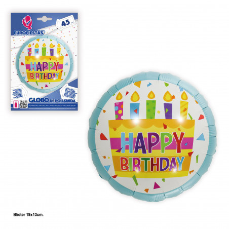 Globo foil 45cm redondo happy birthday tarta azul