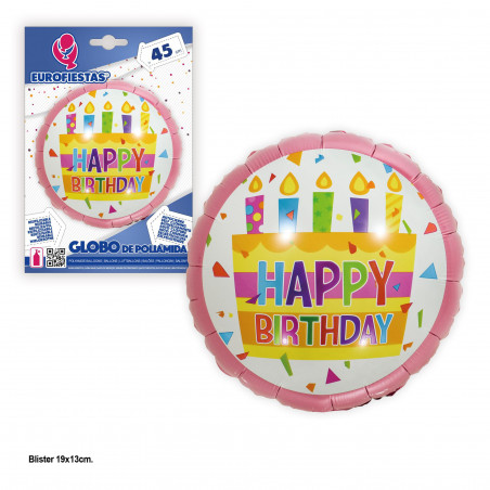 Globo foil 45cm redondo happy birthday tarta rosa