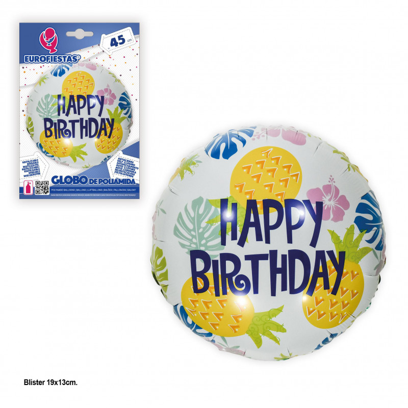 Globo foil 45cm redondo happy birthday piña blanco
