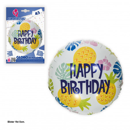 Globo foil 45cm redondo happy birthday piña blanco