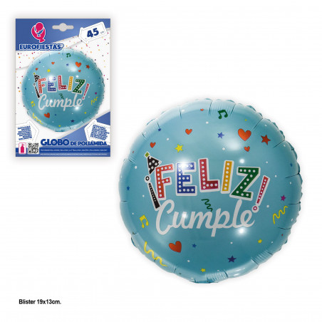 Globo foil 45cm redondo feliz cumple turquesa