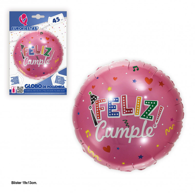 Globo foil 45cm redondo feliz cumple fucsia