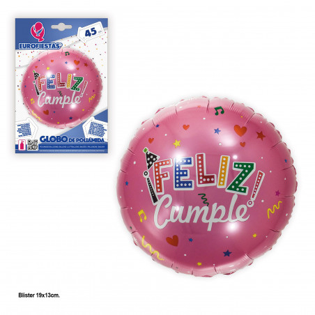 Globo foil 45cm redondo feliz cumple fucsia