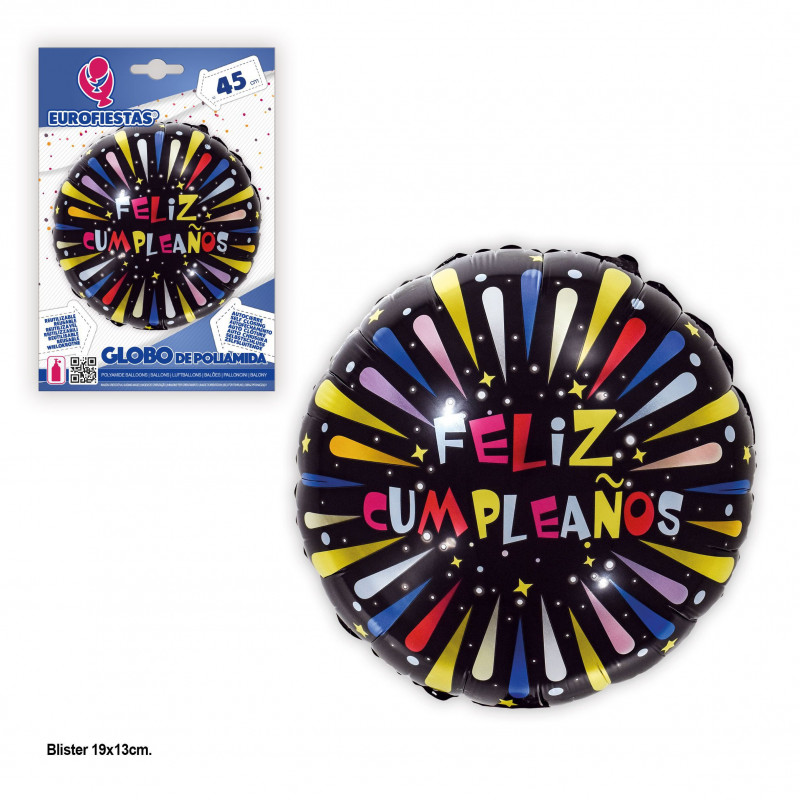 Globo foil 45cm redondo feliz cumple fuegos negro