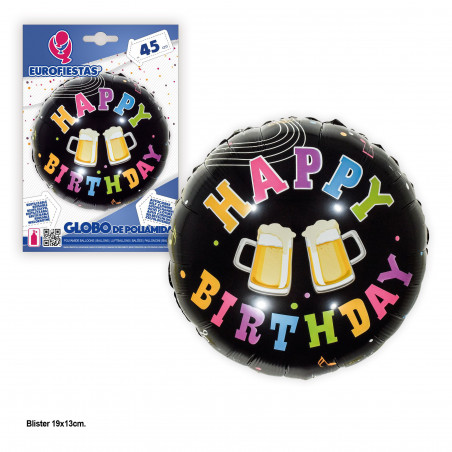 Globo foil 45cm redondo happy birthday cervezas negro