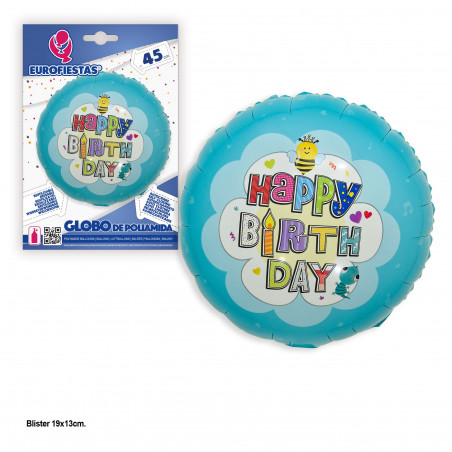 Globo foil 45cm redondo happy birthday abeja azul