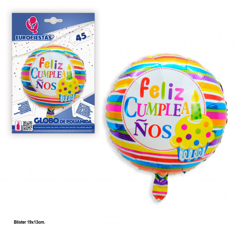 Globo foil redondo franjas colores feliz cumpleaños