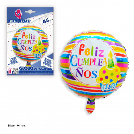 Globo foil redondo franjas colores feliz cumpleaños