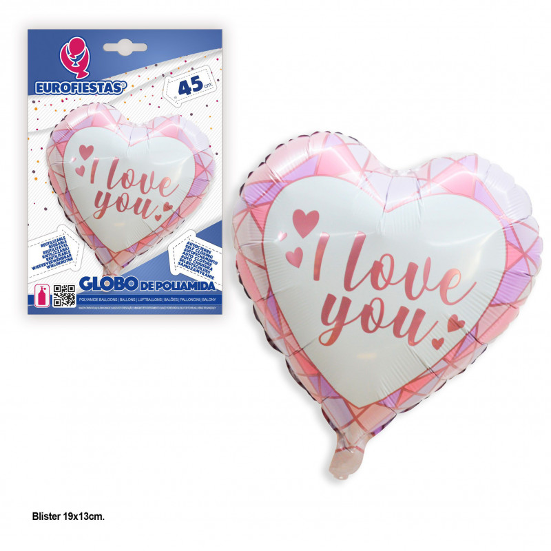 Globo foil forma corazon i love you poligonos rosa