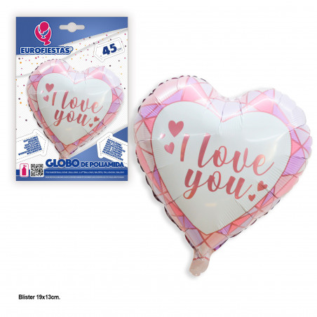 Globo foil forma corazon i love you poligonos rosa