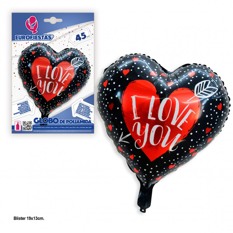 Globo foil forma corazon i love you negro flecha