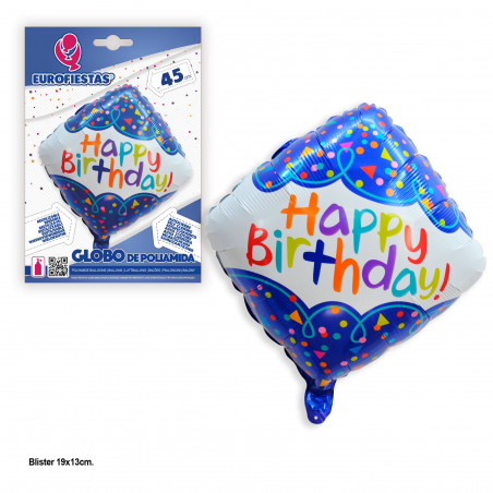 Globo foil forma rombo happy birthday confeti