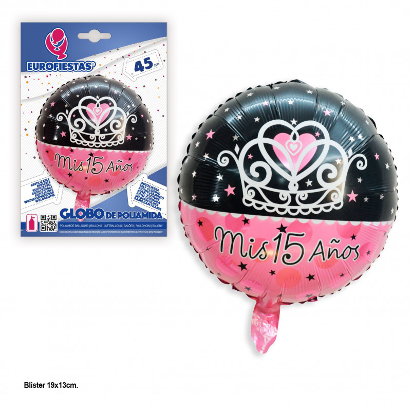 Globo foil redondo mis 15 años rosa corona