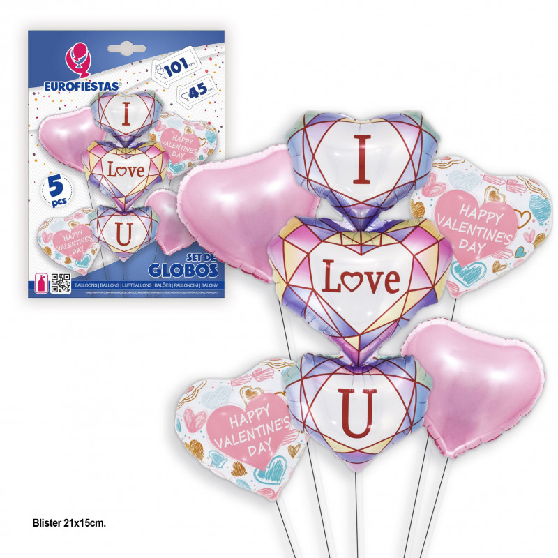 Set globos foil corazones i love you