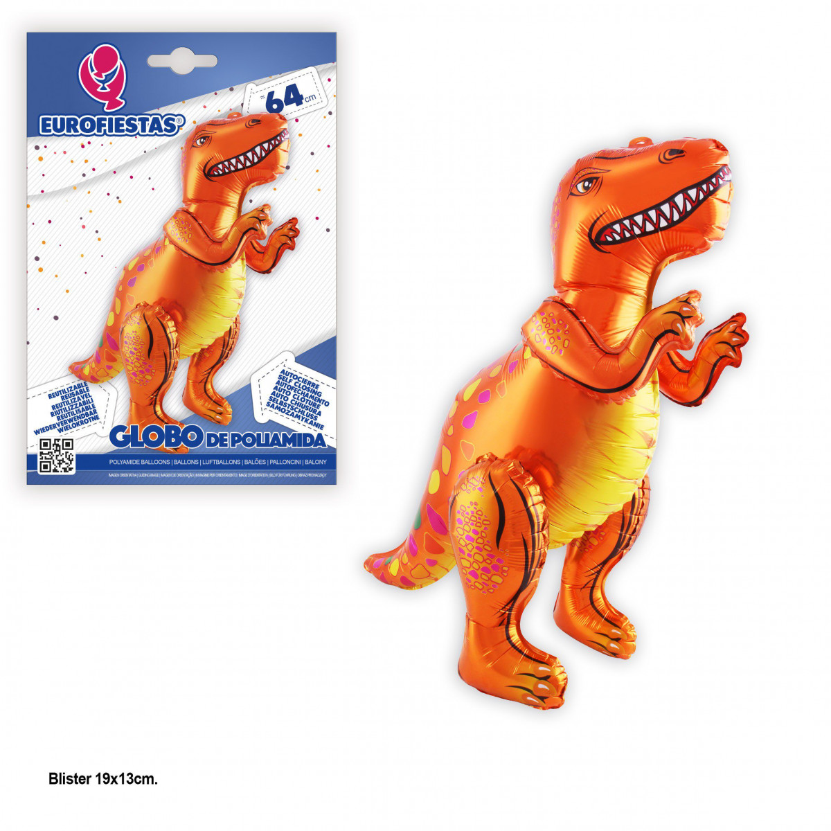Globo foil de pie tiranosaurio naranja 64cm