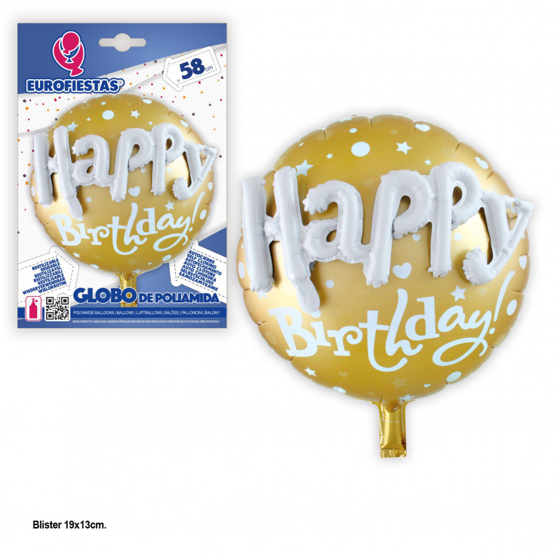 Globo foil 3d happy birthday oro 58cm