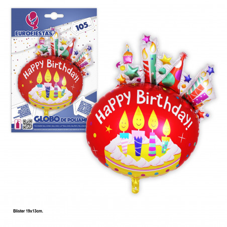 Globo foil redondo happy birthday velas rojo 105cm
