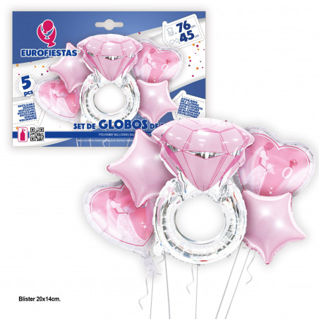 Set globos foil anillo diamante plata y rosa 76cm