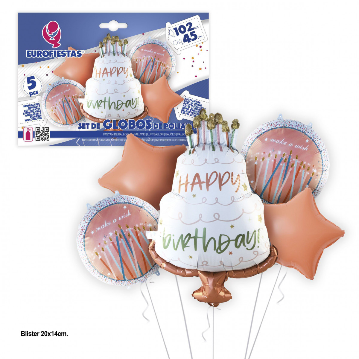 Set globos foil tarta blanca happy birthday 102cm