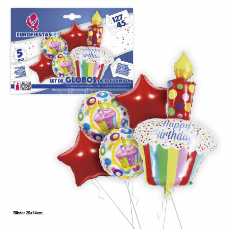 Set globos foil pastel happy birthday colores vela roja 127cm