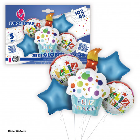 Set globos foil pastel feliz cumpleaños azul circulos y estrellas 102cm