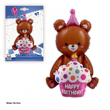 Globo foil oso 97cm happy birthday marron