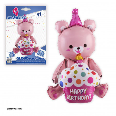 Globo foil oso 97cm happy birthday rosa